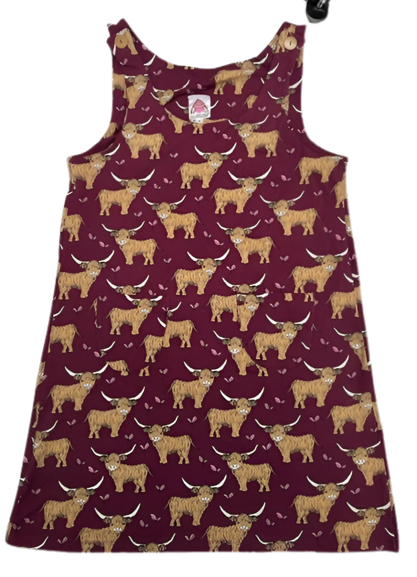 Last Chance - Burgundy Highland Cow Pinafore Dress- Size 10 Years