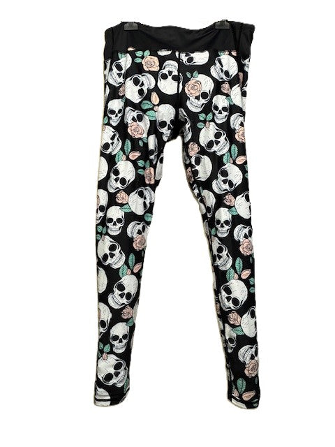 Last Chance - Skulls & Roses Women Activewear Leggings - Size 22-24 - Waistband Pocket - Tall 33" Legging Length