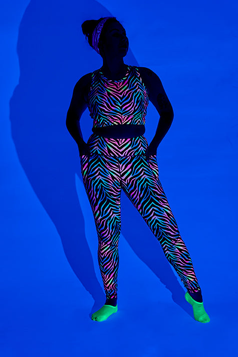 Zebra Glow Active Leggings - Size 4-6 - Waistband Pocket - Tall 33" Legging Length