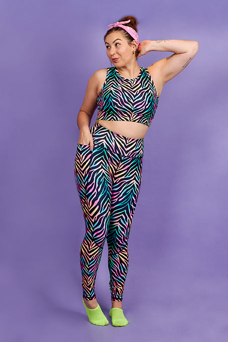 Zebra Glow Active Leggings - Size 4-6 - Waistband Pocket - Tall 33" Legging Length