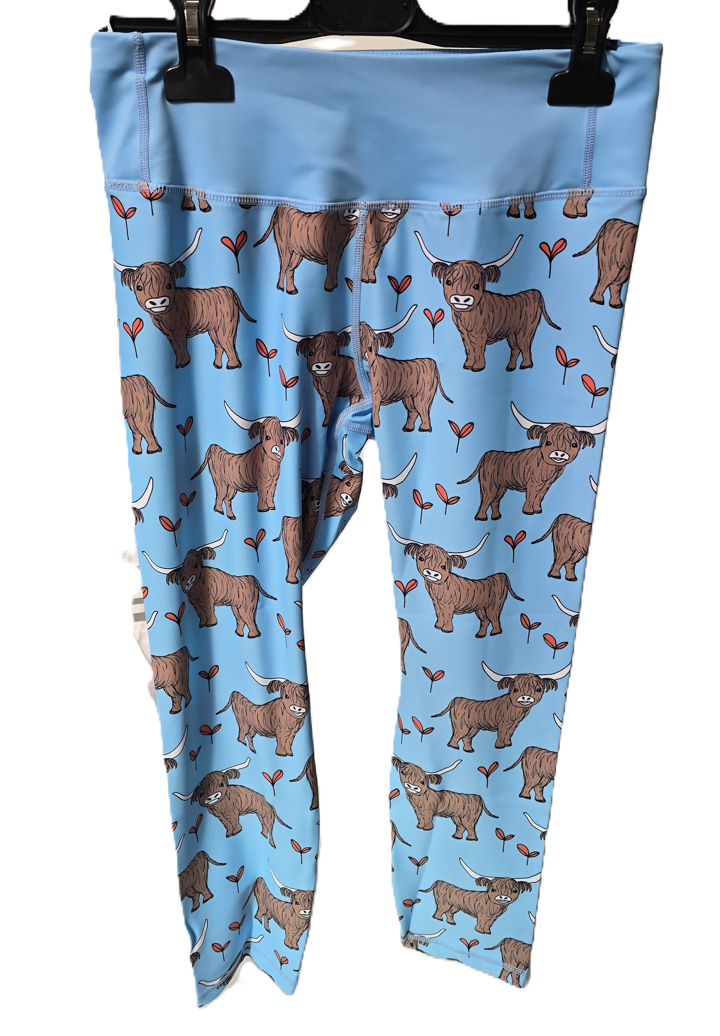 Last Chance - Highland Cow on Blue Women's Active Leggings - Waistband Pocket