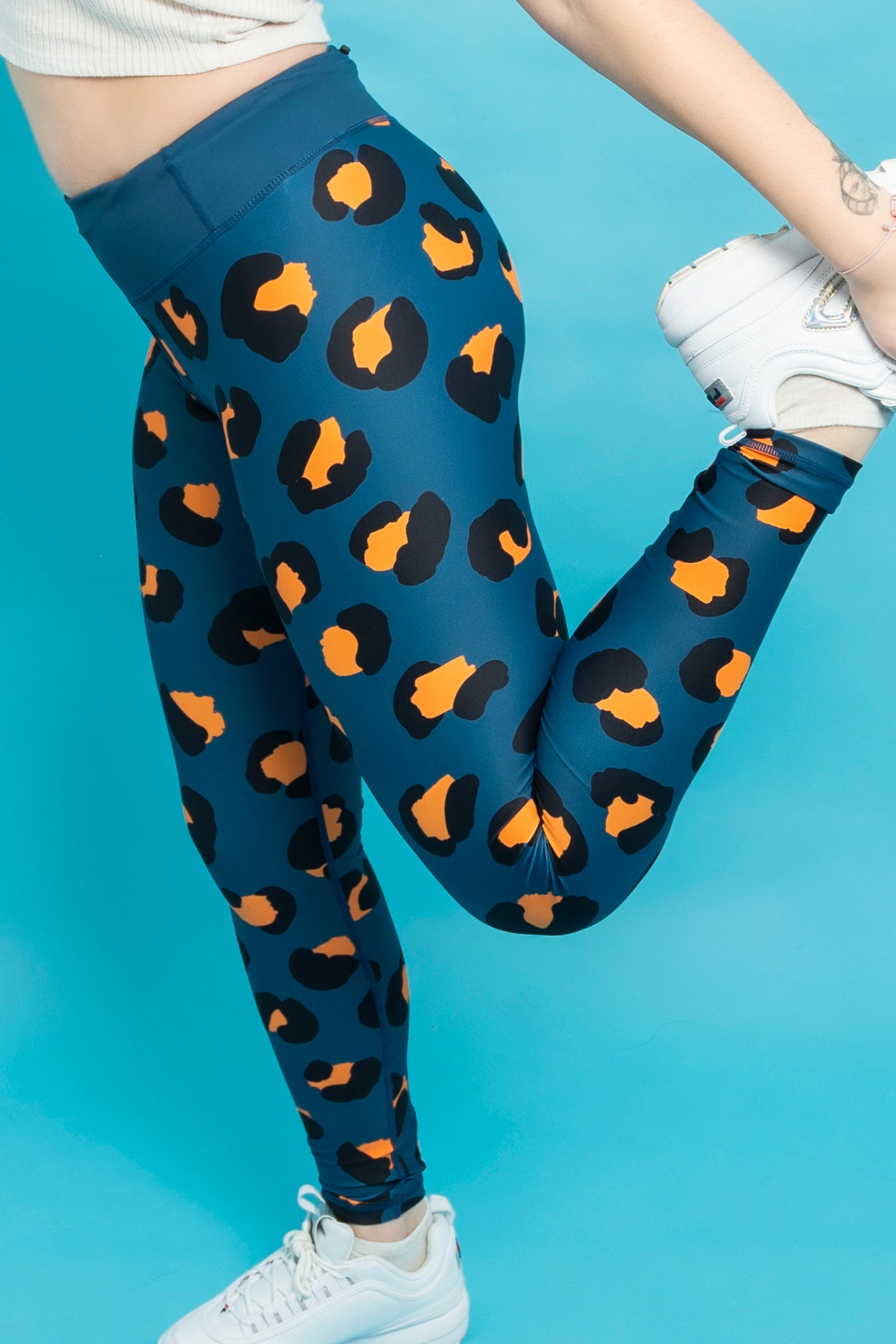 Last Chance - Navy & Orange Leopard Women’s Activewear Leggings - Size 4-6 - Waistband Pocket - Tall 33" Legging Length