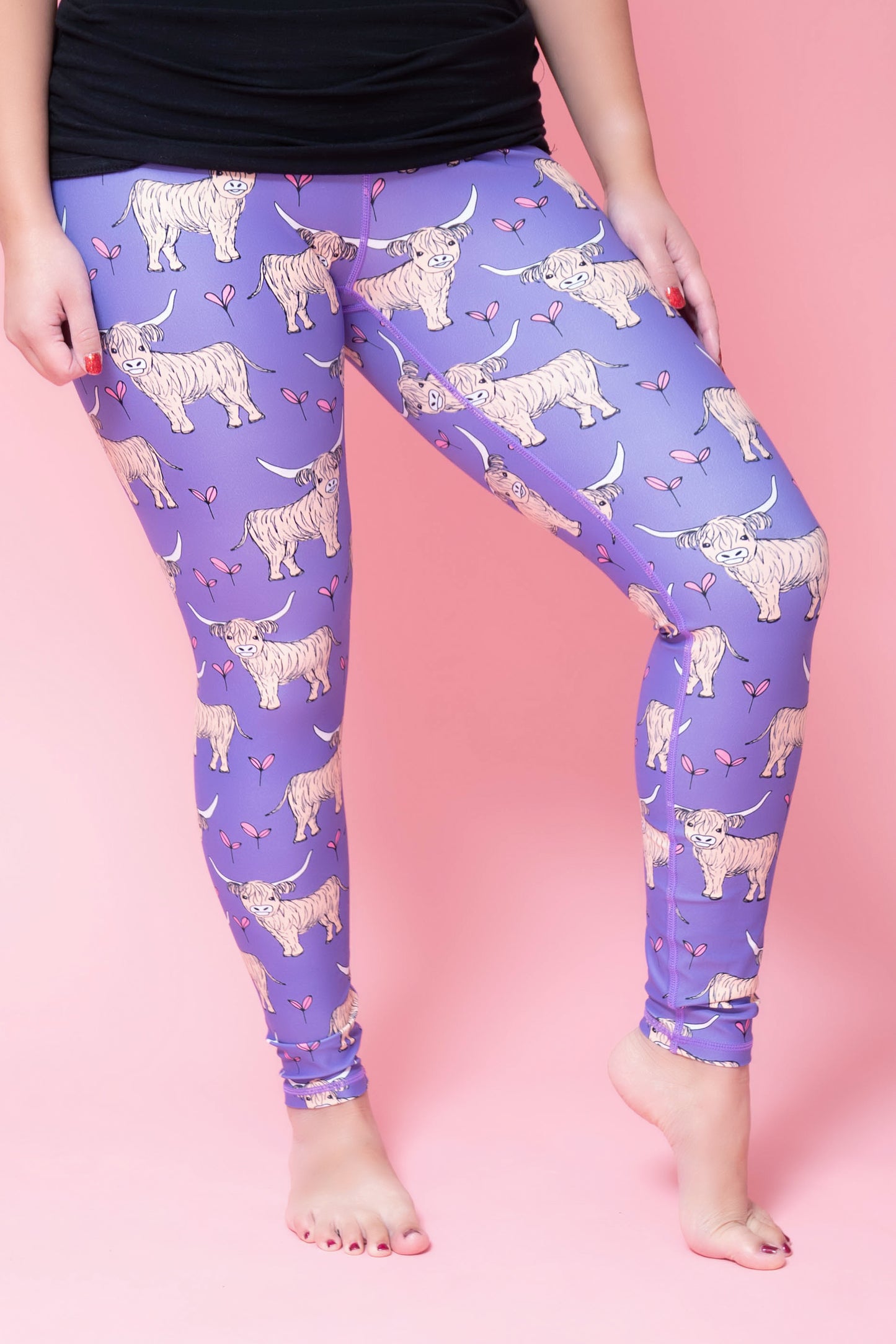 Last Chance - Purple Highland Cow Women’s Activewear Leggings - Size 4-6 - Waistband Pocket - Tall 33" Legging Length