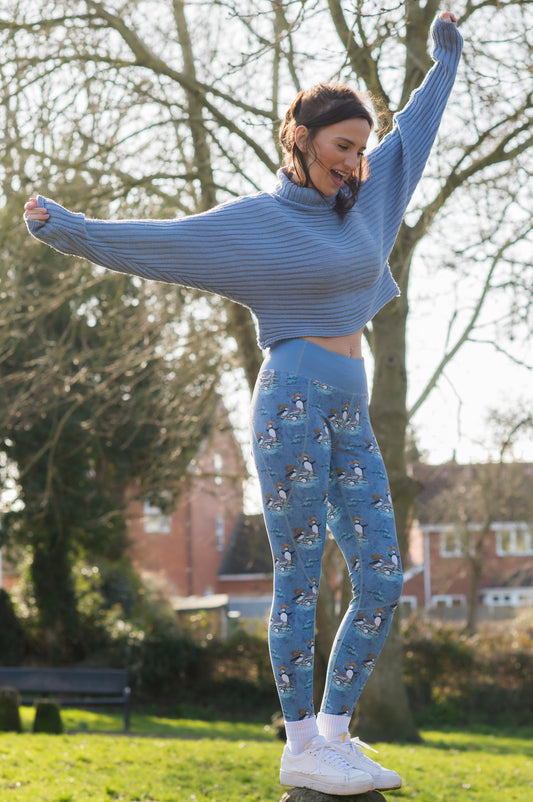 Last Chance - Splashing Puffins Women Activewear Leggings - Size 8-10 - Waistband Pocket - Tall 33" Legging Length