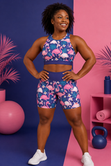Flamboyant Flamingos on Navy Sports Bra