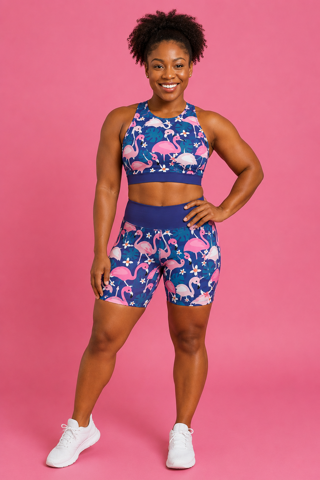 Flamboyant Flamingos on Navy Women's Active Shorts