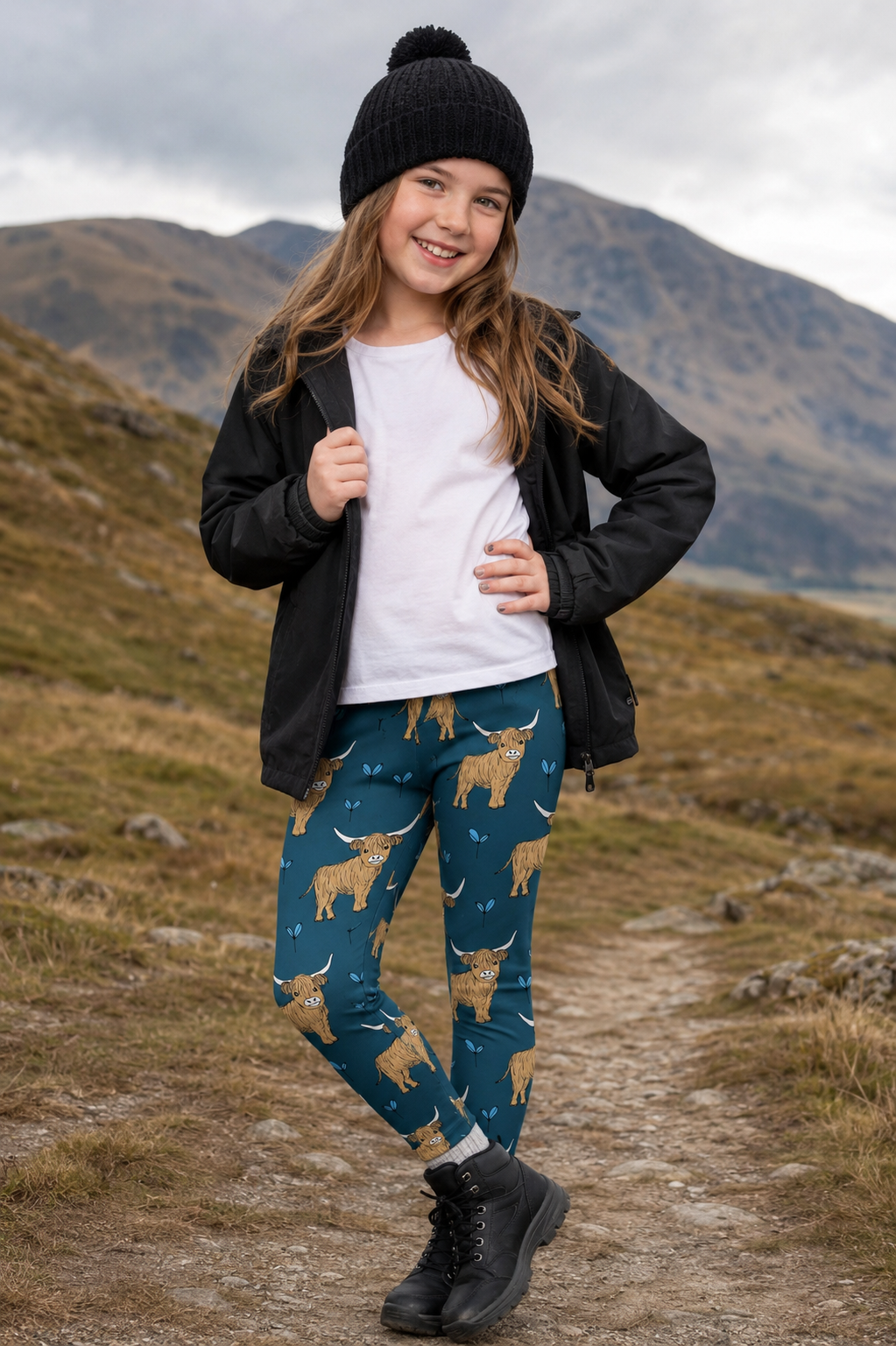 Teal Highland Cow Children's Active Leggings