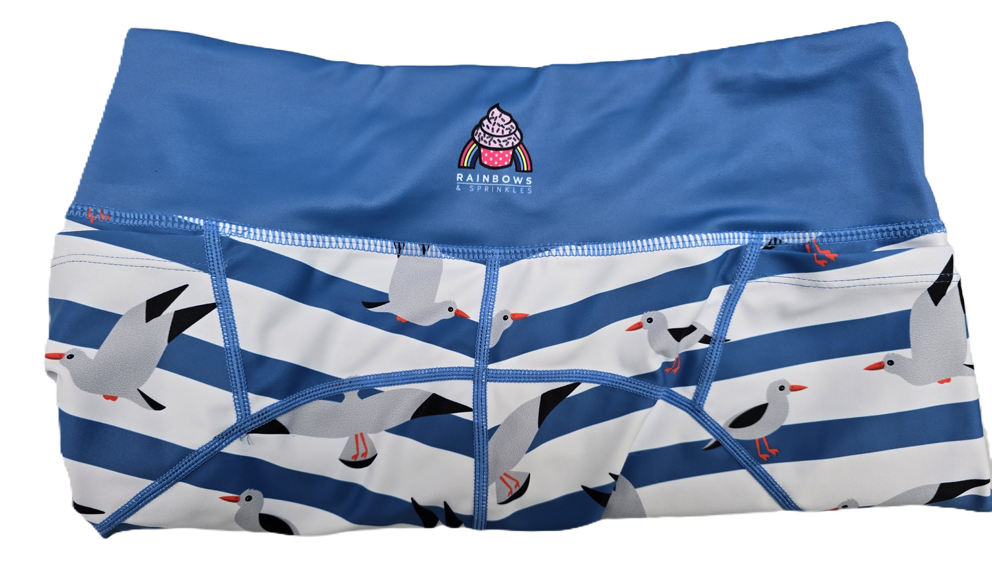 Last Chance - Seagulls on Blue & White Stripes Women's Active Leggings - Size 8-10