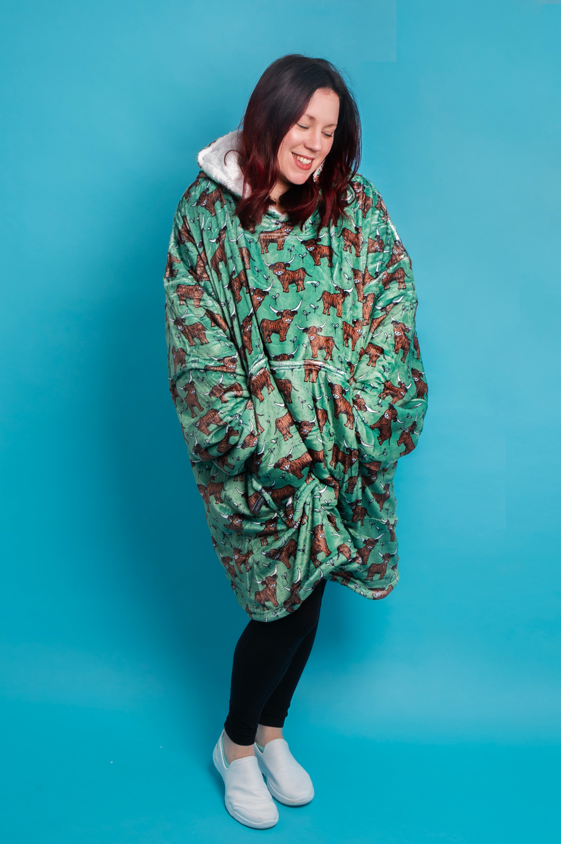 Green Highland Cow Adult Huggable Hoodie Rainbows Sprinkles